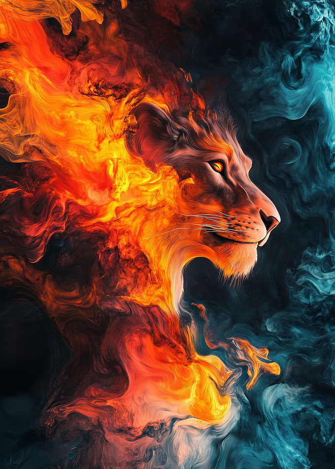 Fiery Lion in Smoke