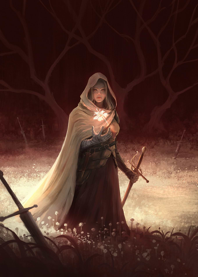 Female knight in White Robe with Flower