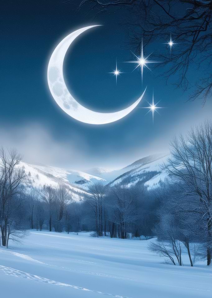 Crescent Moon Over Snowy Mountains
