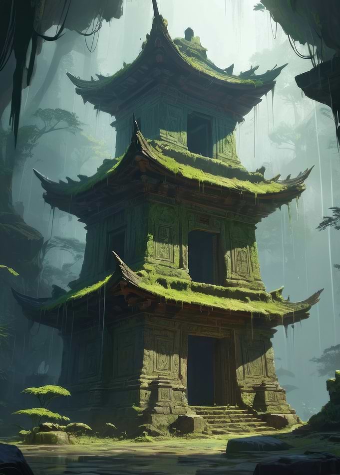 Anime Lo-Fi Landscape of Ancient Pagoda in Jungle