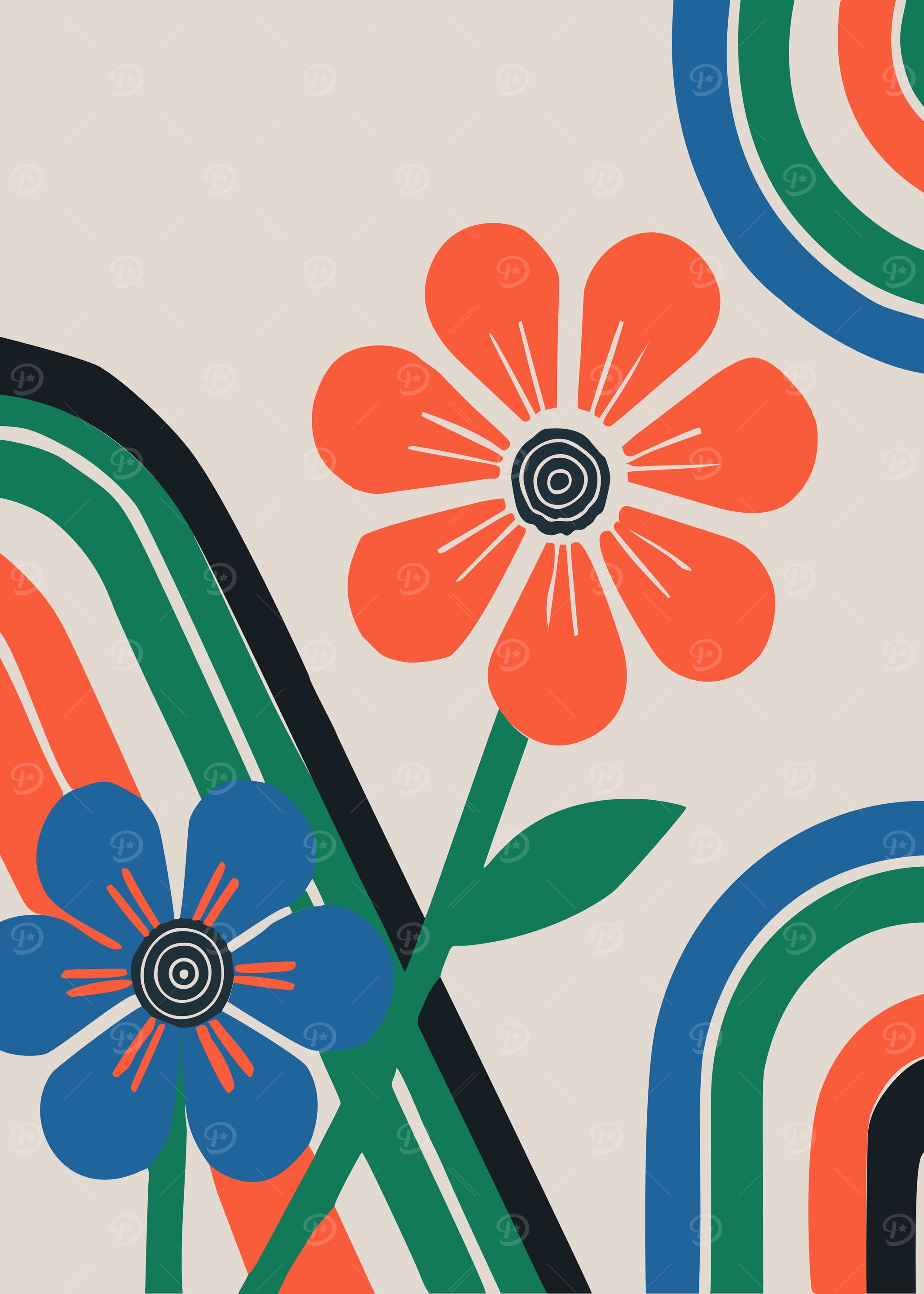 Retro Colorful Flowers and Rainbows