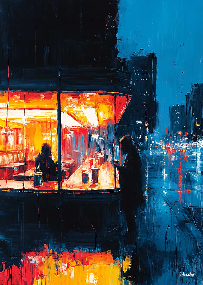 Expressionist Urban Night Café – Bold Cinematic Cityscape