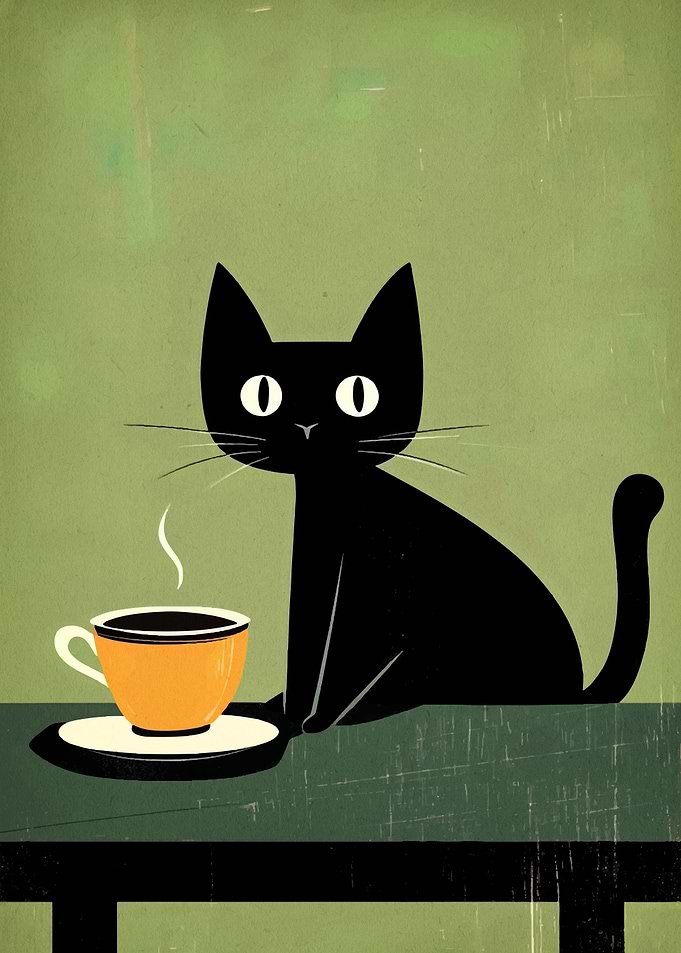 Black Cat with Coffee