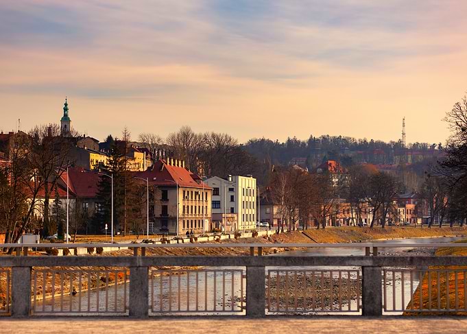 Riverfront Cityscape at Sunset, Landscape