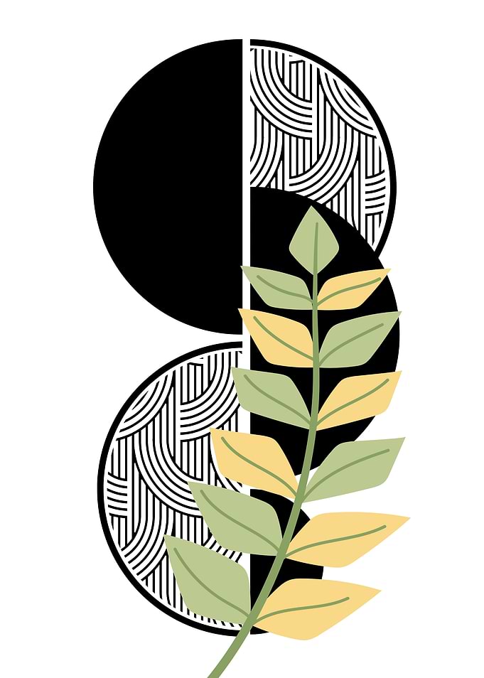 Black and White Geometric Art with Leaf