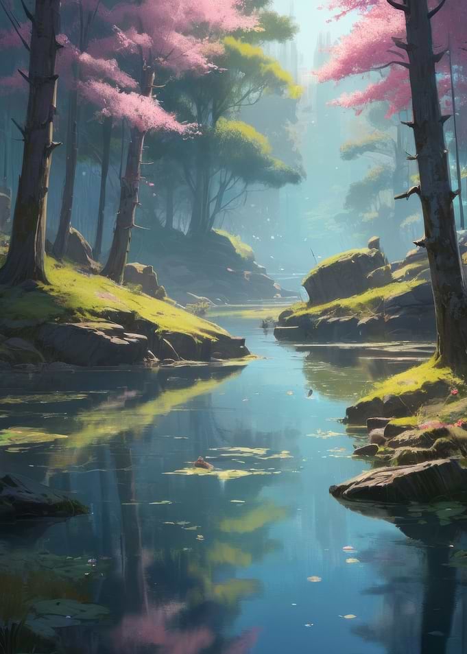 Anime Lo-Fi Landscape of Serene Forest Stream