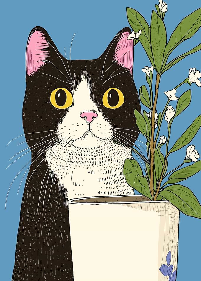 Curious Cat with Flowers