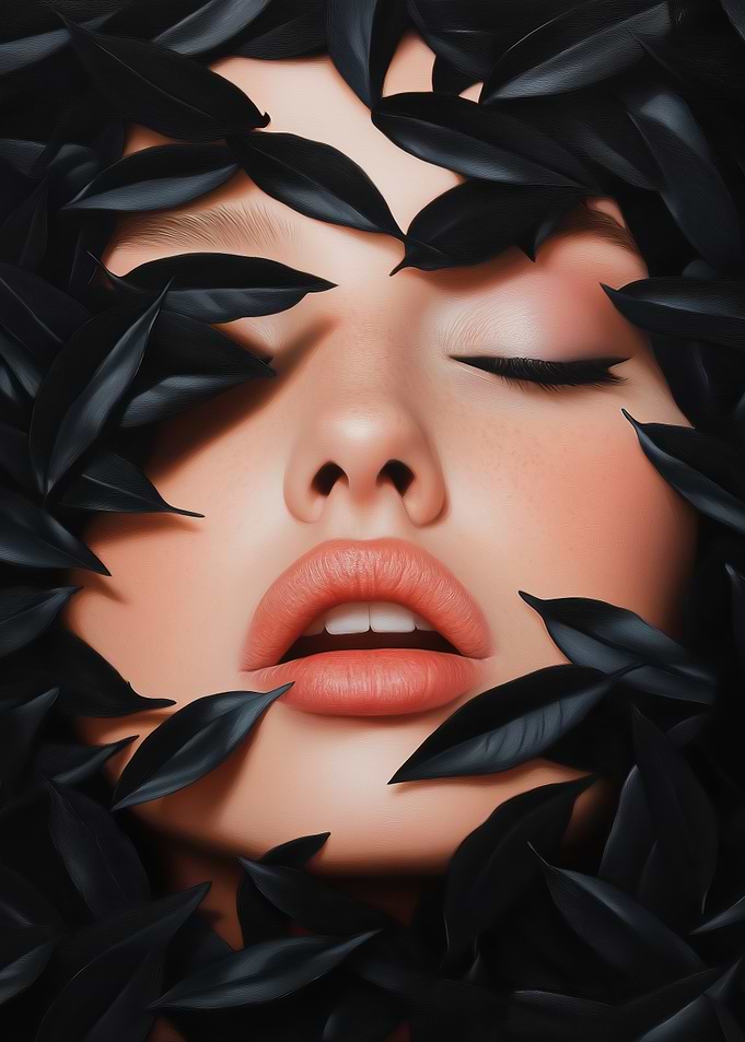 Woman's Face with Black Leaves