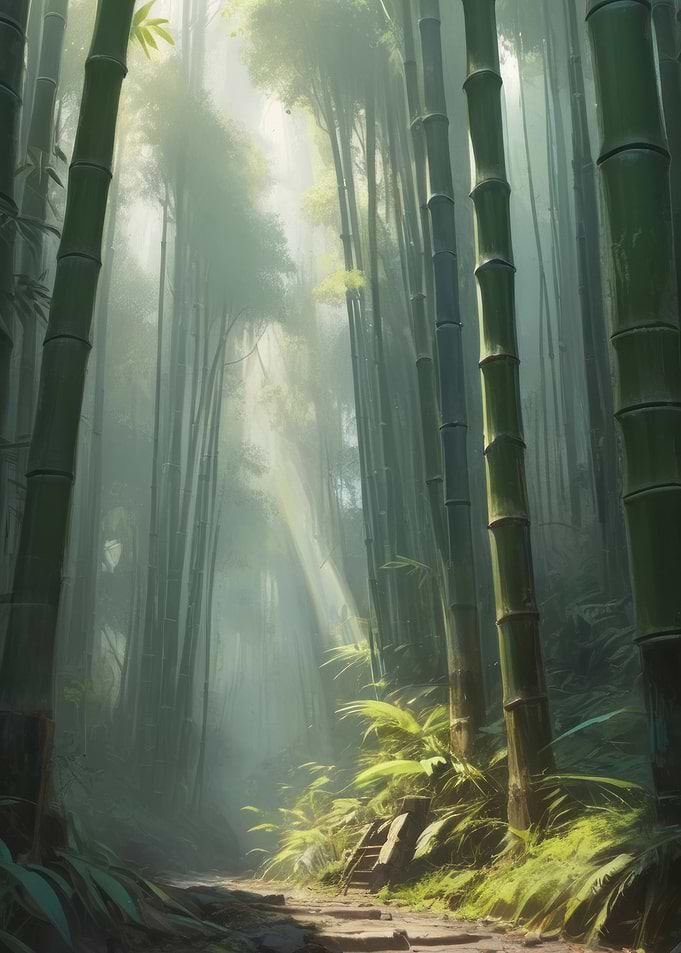 Anime Lo-Fi Landscape of Bamboo Forest Path