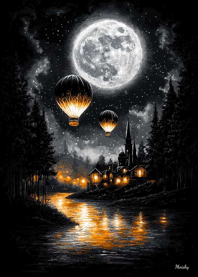 Enchanted Moonlit Flight – Vintage Hot Air Balloons Over a Dreamy Village