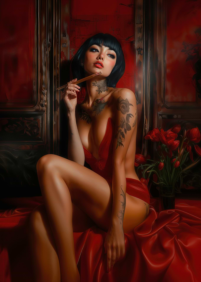 Asian Woman with Red Satin and Tattoos