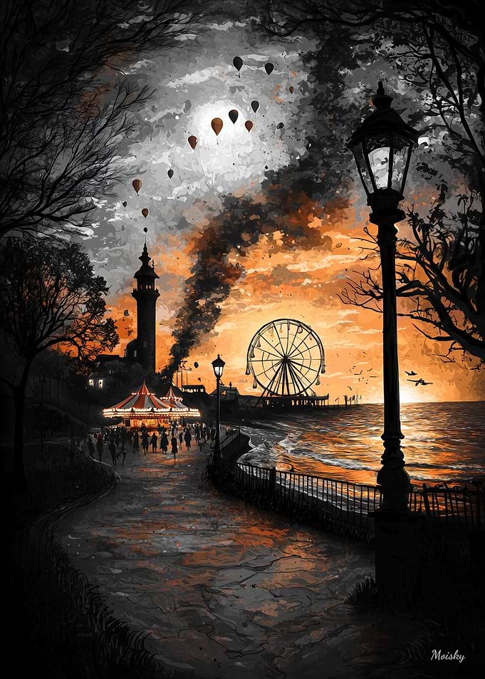 Vintage Carnival at Dusk – Nostalgic Seaside Fairground