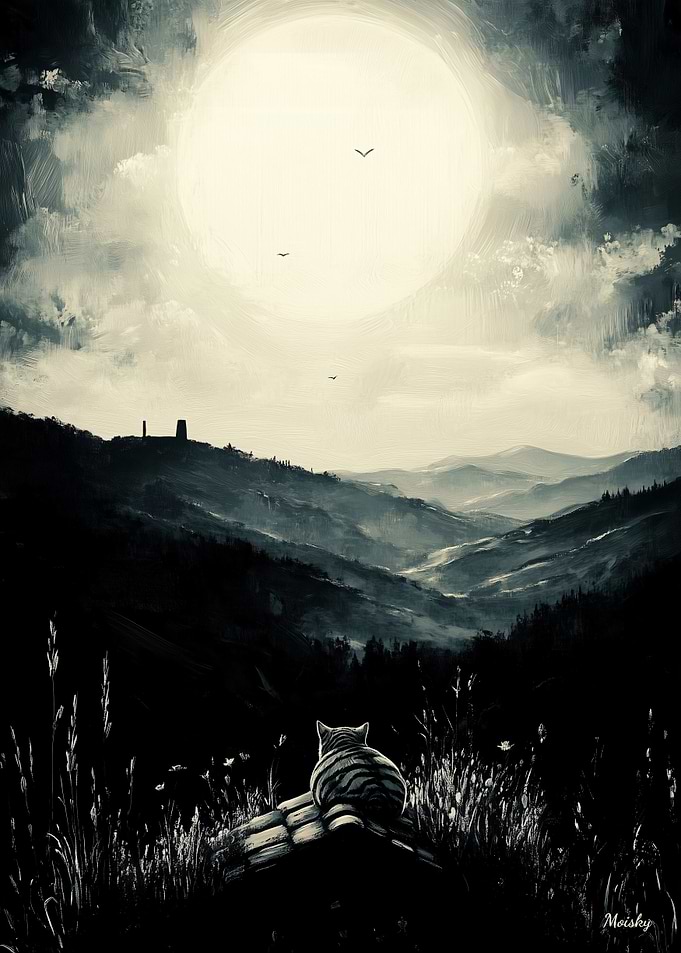 Vintage Moonlit Cat – Tranquil Nocturnal Landscape