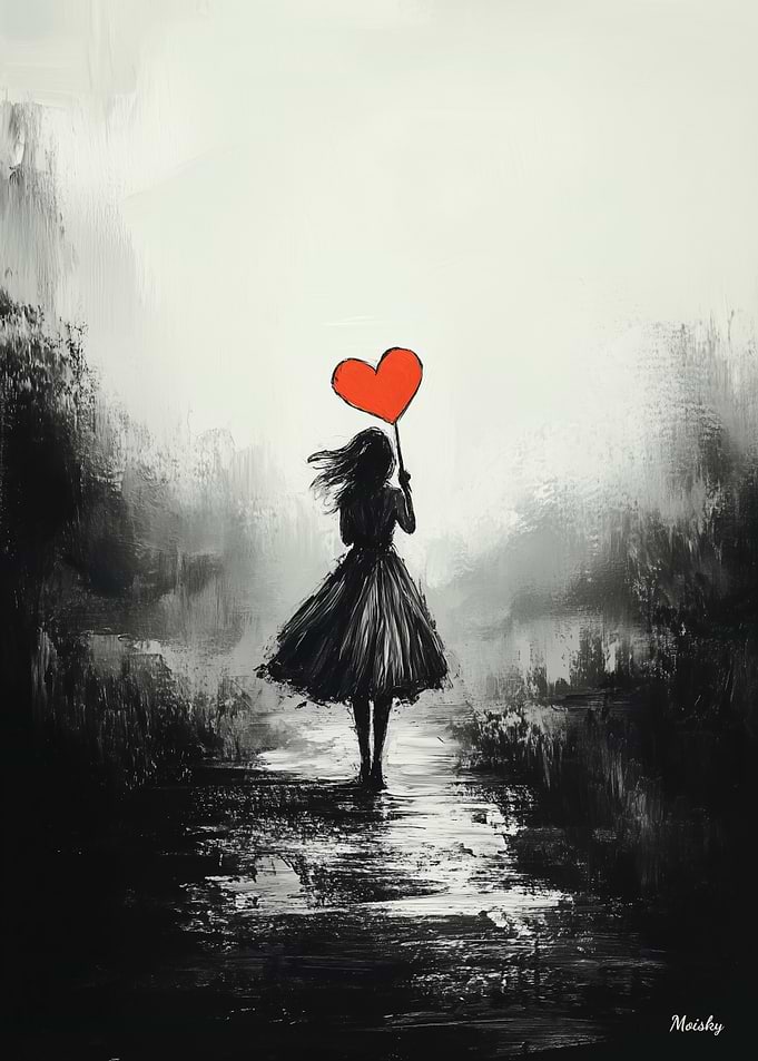 Vintage Solitude – Girl with Heart Balloon in Dreamlike Mist
