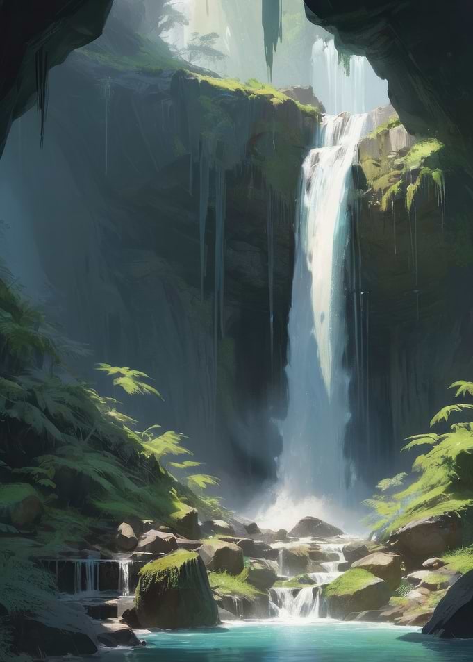 Anime Lo-Fi Landscape of Waterfall in Lush Forest