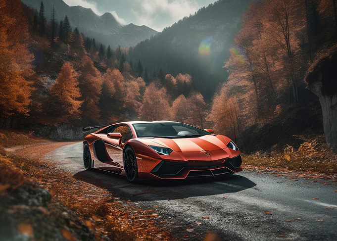Red Lamborghini on Winding Road