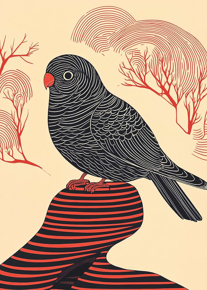 Black Bird on Striped Rock