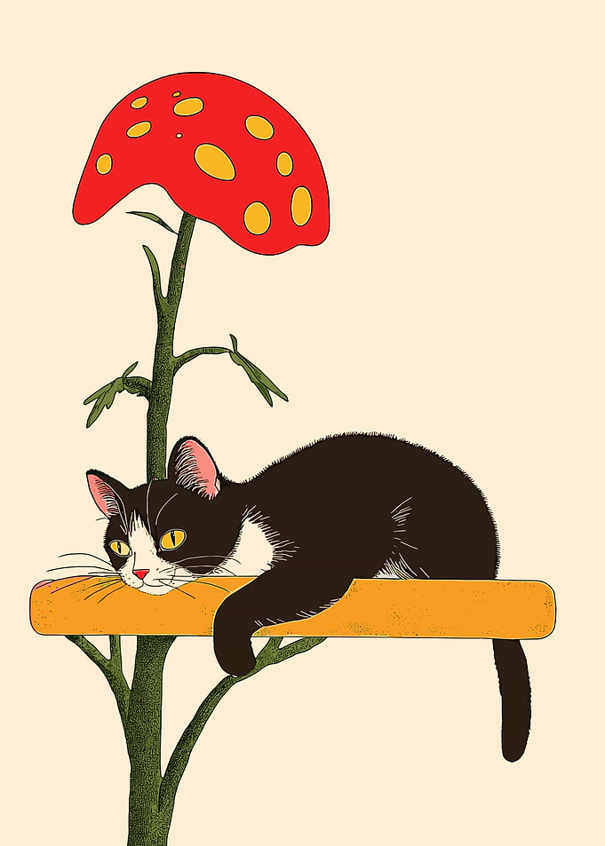 Cat on Mushroom Branch