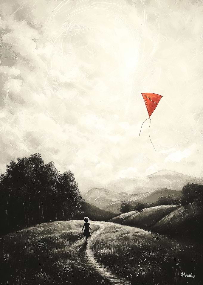Vintage Childhood Memories – Girl with Kite in Open Fields