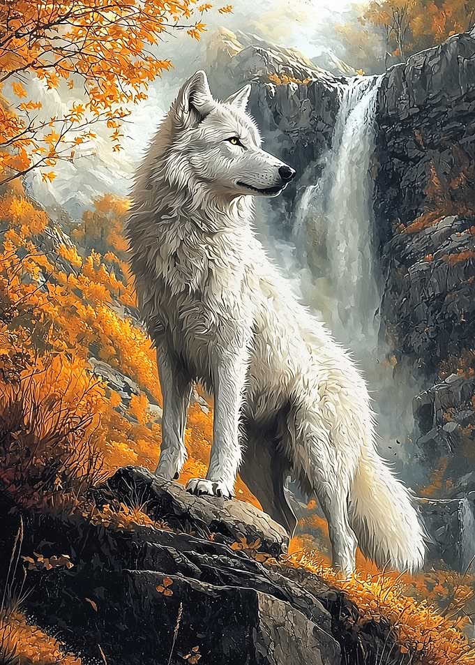 White Wolf by Waterfall