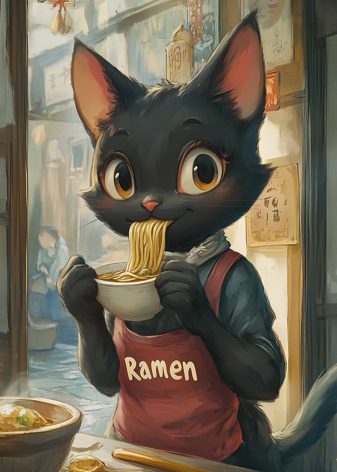 Black Cat Eating Ramen
