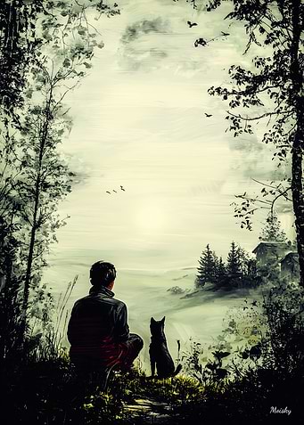 Vintage Solitude – Man and Dog in Tranquil Nature