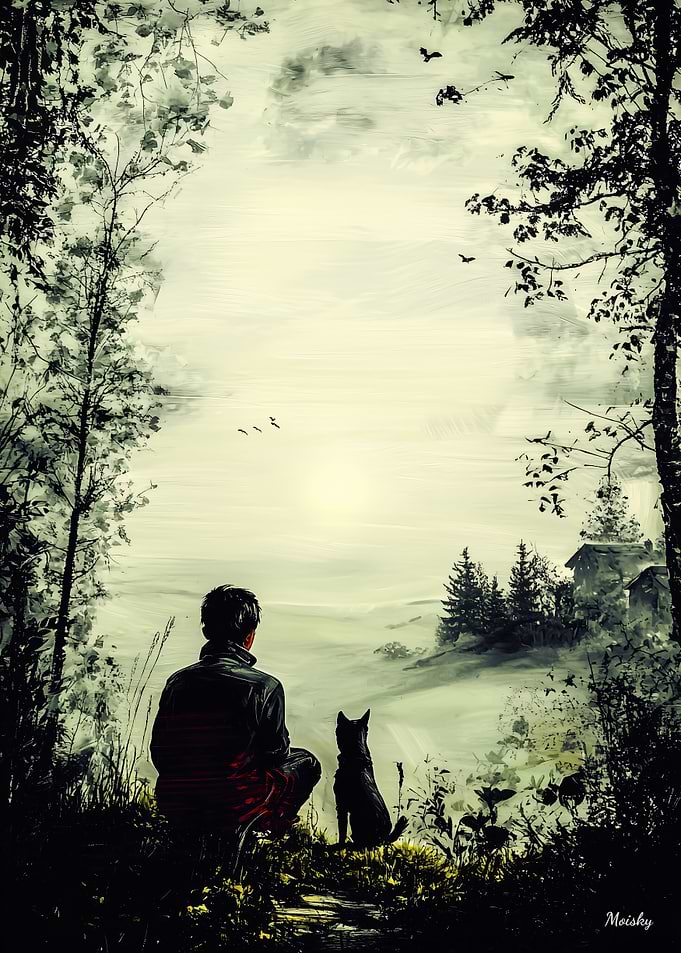 Vintage Solitude – Man and Dog in Tranquil Nature