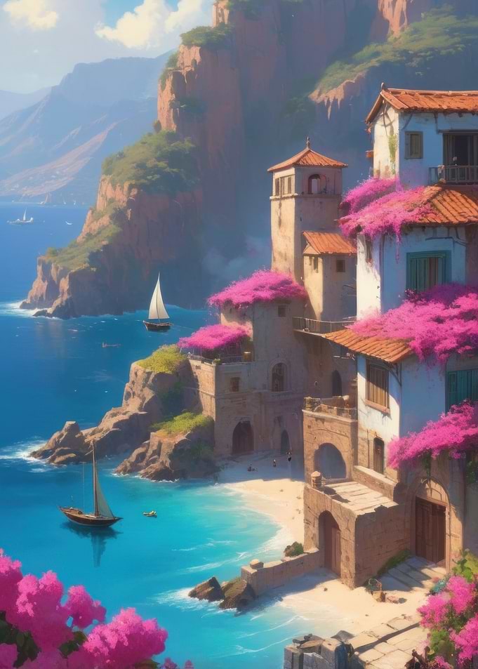 Anime Lo-Fi Landscape of Mediterranean Coastal Village