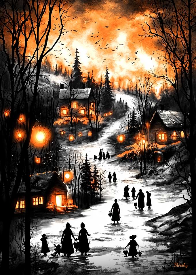 Vintage Winter Glow – Lantern-Lit Village in a Snowy Twilight