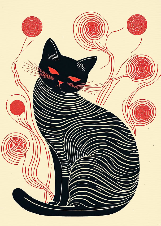 Black Cat with Red Flowers