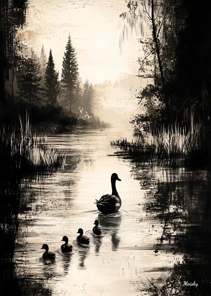 Vintage Serenity – Duck Family on a Peaceful Lake