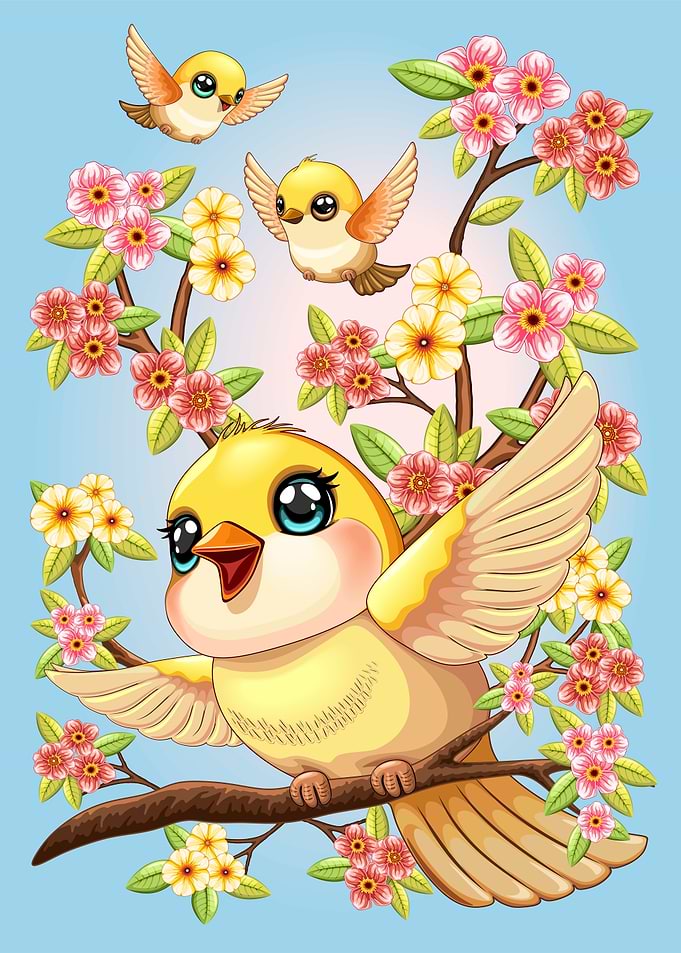 Cute Birds on and Springtime Flowers