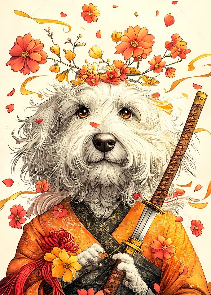 Samurai Goldendoodle Dog with Flowers