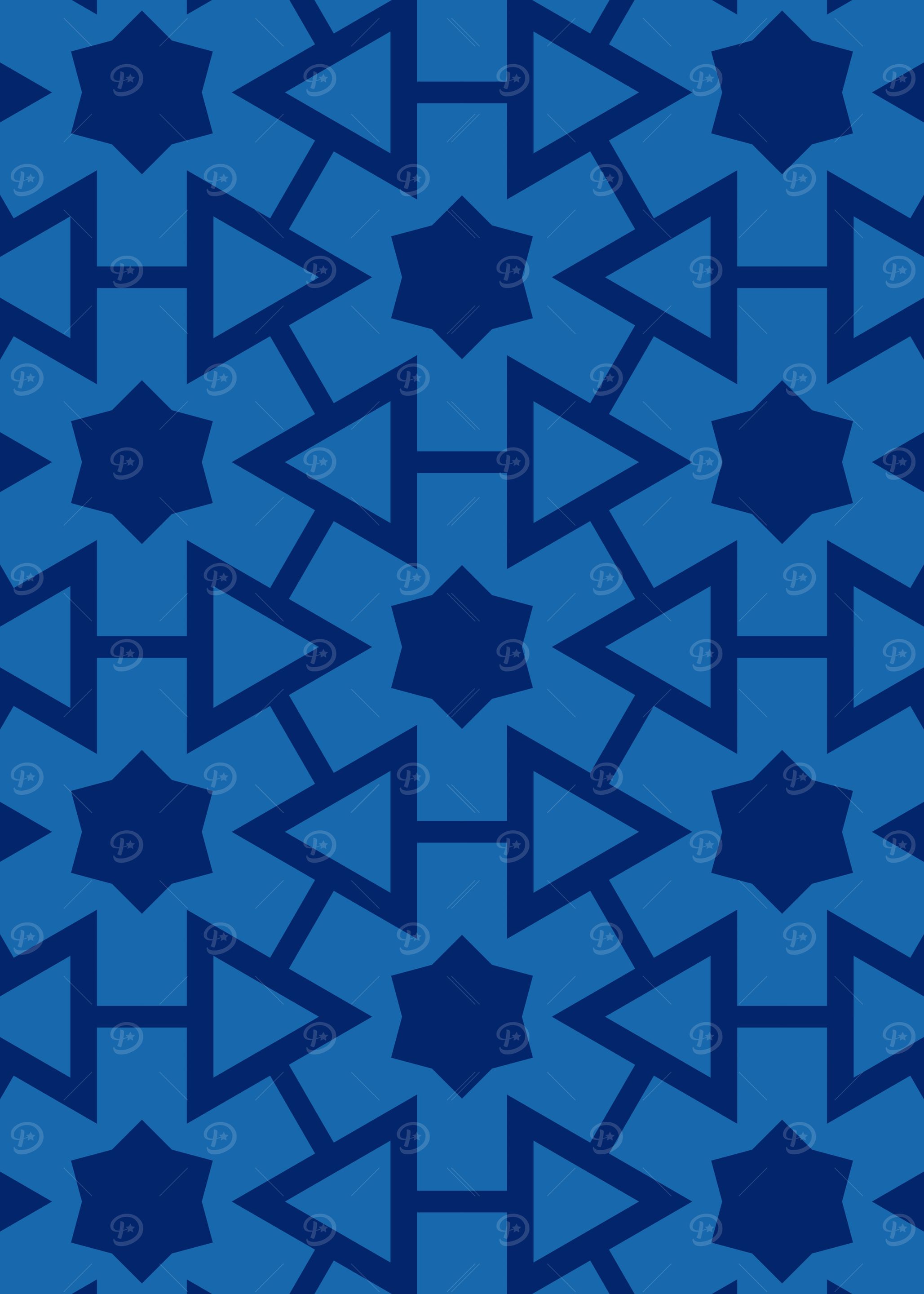 Blue on Blue Six Pointed Stars Geometric Pattern