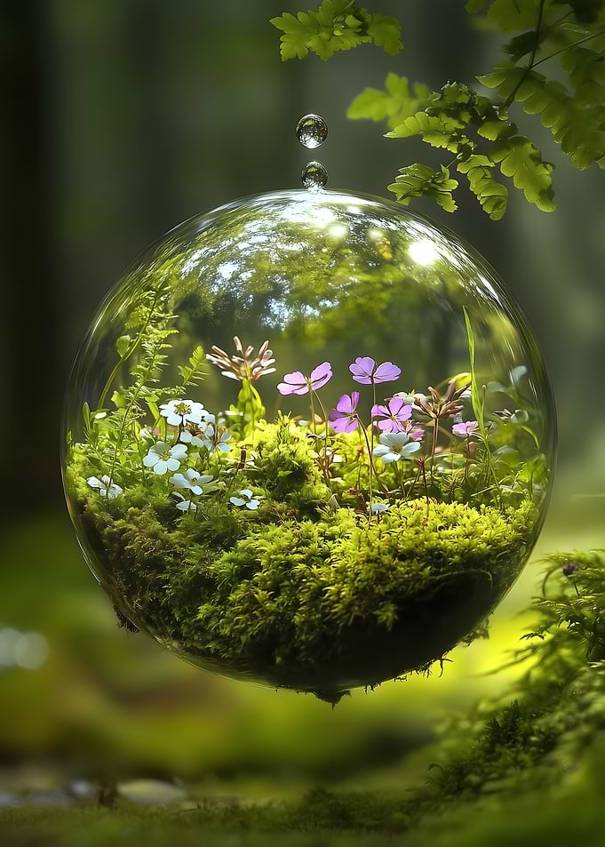 Floating Terrarium Orb with Purple Flowers