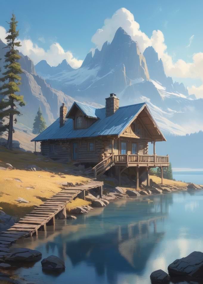 Anime Lo-Fi Landscape of Mountain Cabin by the Lake
