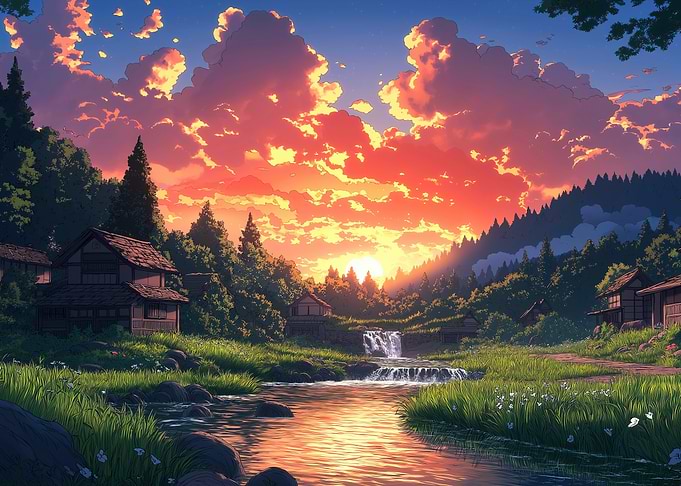 Anime Sunset Village Landscape