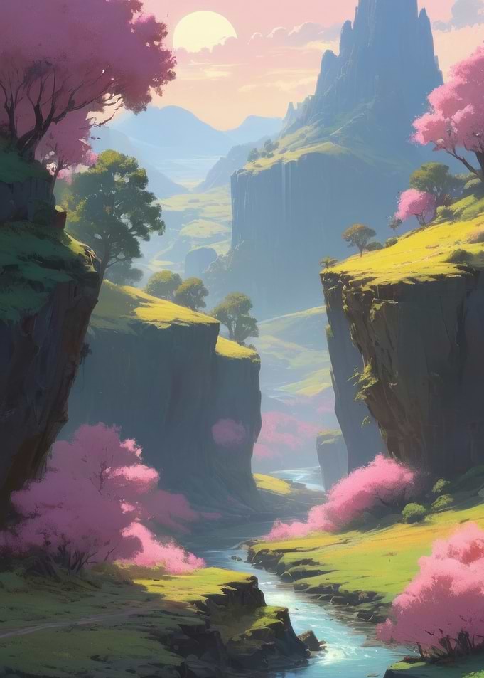 Anime Lo-Fi Landscape of Fantasy Valley Landscape