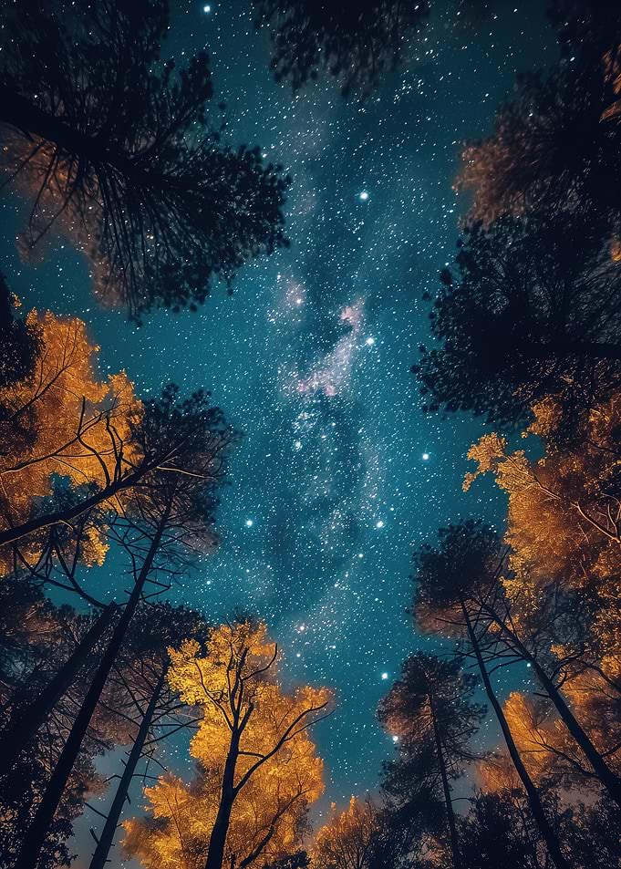 Starry Night Sky Over Forest Silhouettes