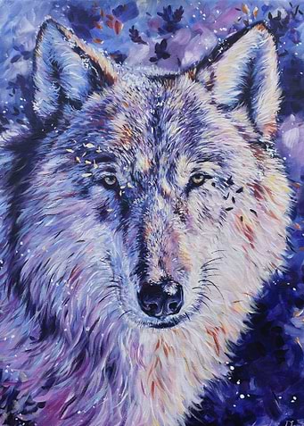 Wolf Portrait Painting in Purple and Blue
