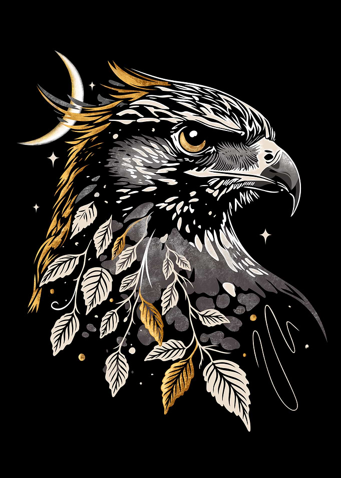 Golden Horus Falcon with Crescent Moon