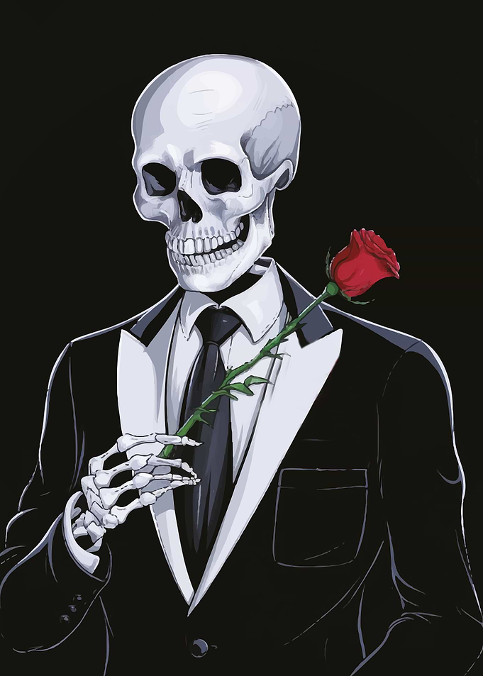 Skeleton in Suit with Rose