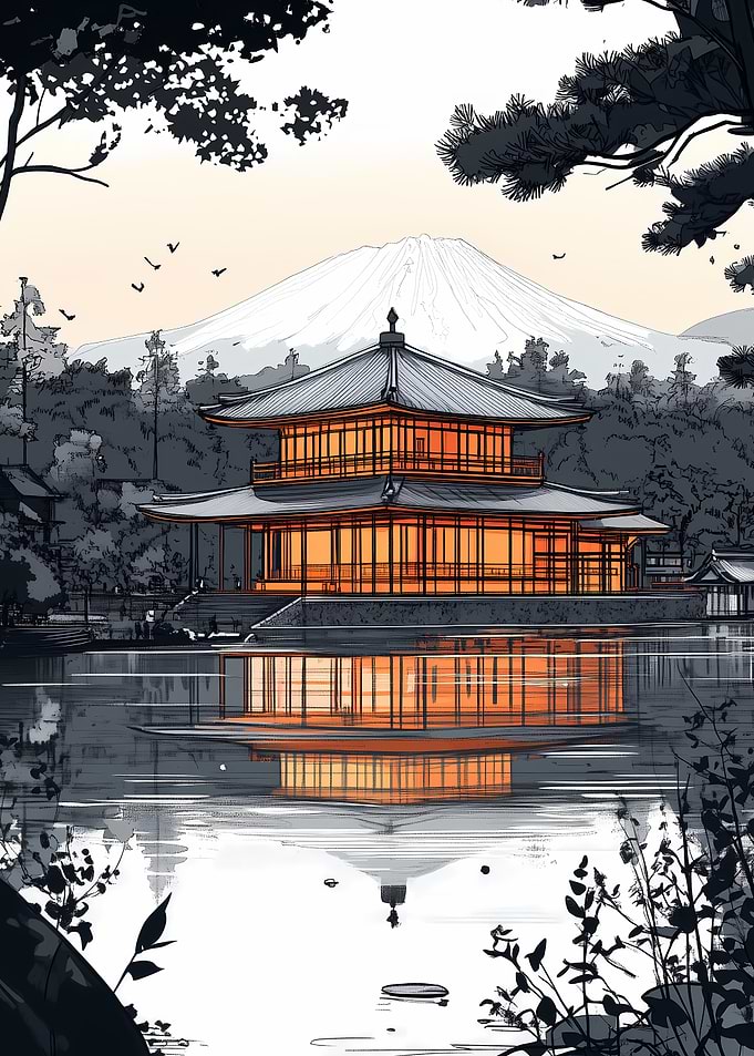 Japanese Temple and Mountain
