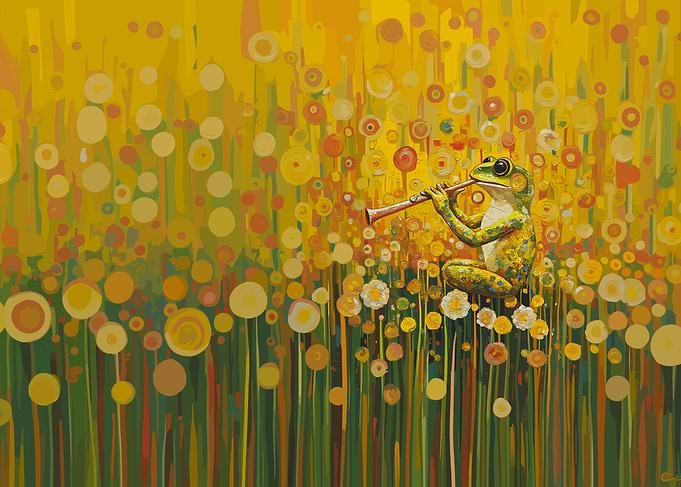 Frog Playing Flute in Flower Field