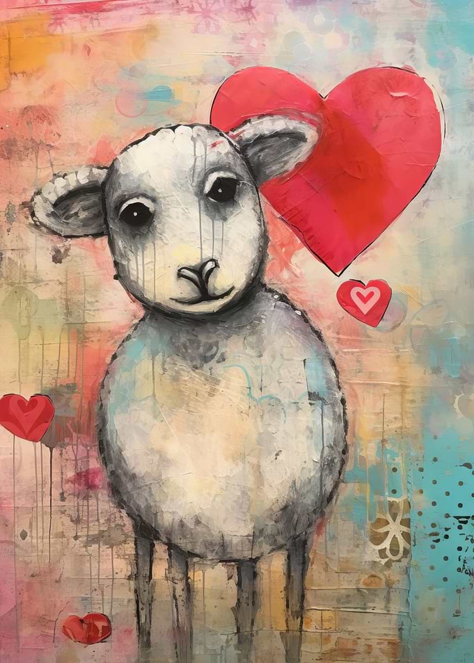 Cute Lamb with Valentine Hearts