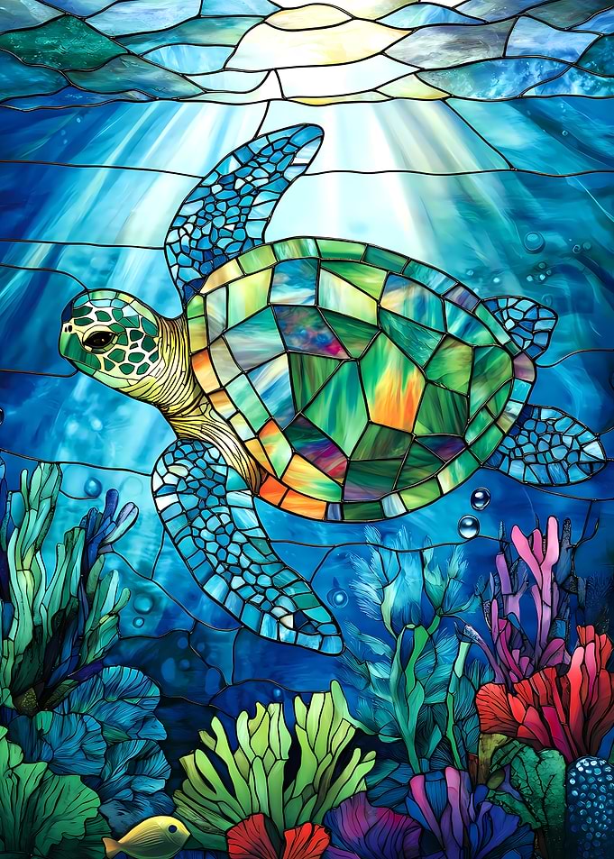 Stained Glass Sea Turtle in Ocean