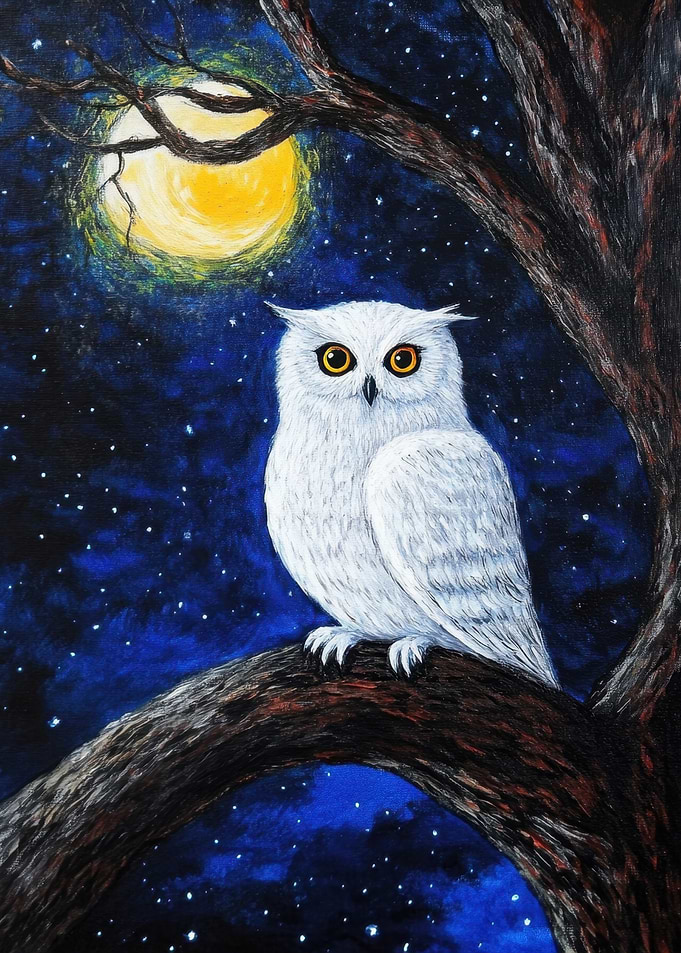 Snowy Owl Under Moonlight