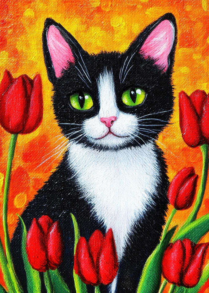 Black and White Cat with Tulips