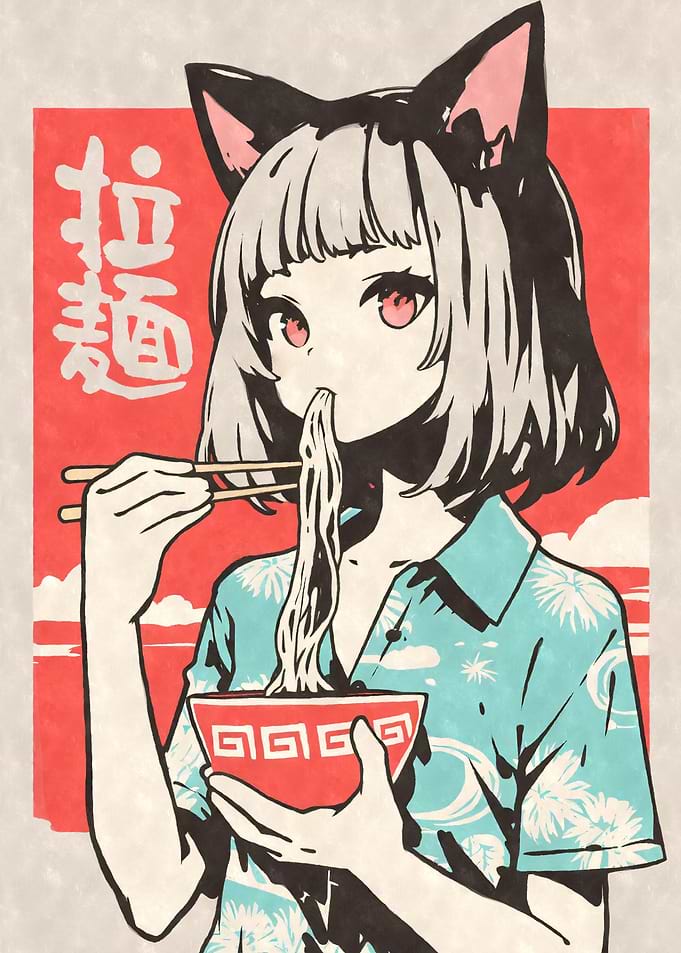 Retro 80s Anime Girl Eating Ramen
