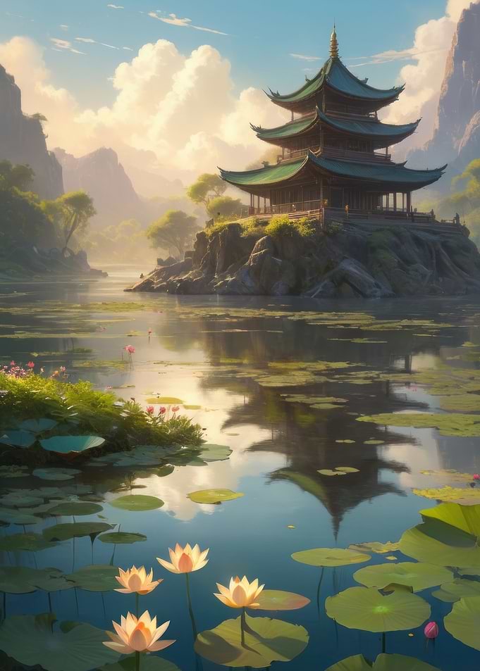 Anime Lo-Fi Landscape of Serene Pagoda by the Lake